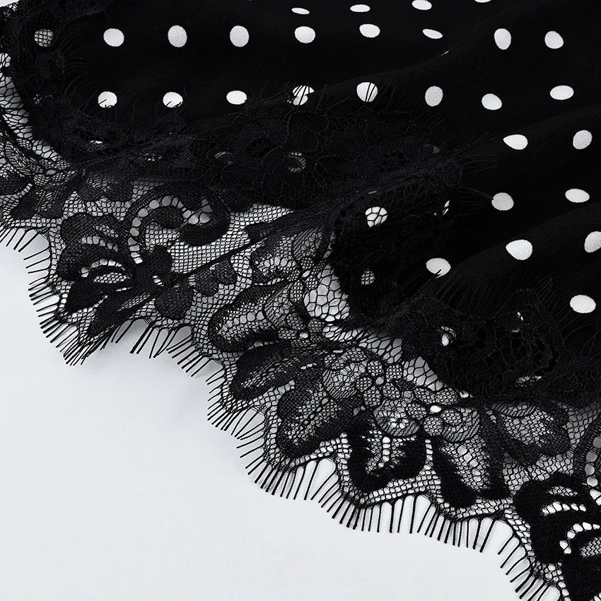 FDYOUI 2026 Woman Clothes Lace Patchwork Polka Dot Skirts Female Sexy Tight Short Skirt Black Party Night Club Dress Streetwear