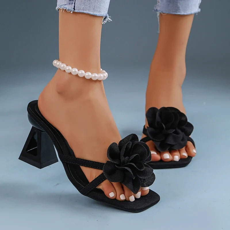 Pink Flower Thick Heeled Sandals Women Elegant Square Toe Party Wedding High Heel Shoes Woman Plus Size 43 Summer Sandalias