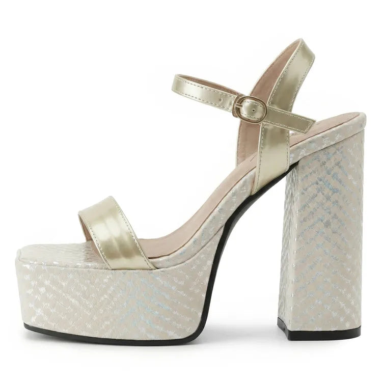 Silver Women Sandals Square Toe 12.5cm High Heel 4.5cm Platform Buckle Strap Large Size 43 44 45 46 Sexy Dating Shoes