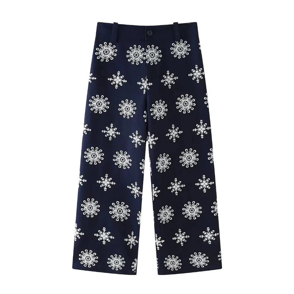Foridol Floral Embroidery Cropped Pants Women Summer Casual Zip Navy Blue Fashion Female Pants Pantalones 2025 Mujer