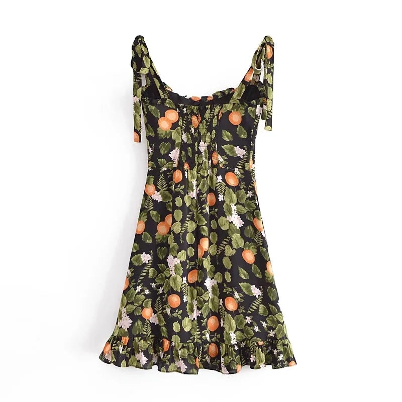 French Style Vintage Lemon Leaf Printed Green Dress Sexy Slip Midi Sleeveless Tank Dress Chiffon Women Holiday Elegant Dress