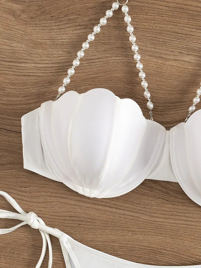 Sexy Pearls Strap Bikini Set 2025 Women White Push Up Underwire Tie Side Thong Swimsuit Summer Bathing Suit Swimwear Biquini