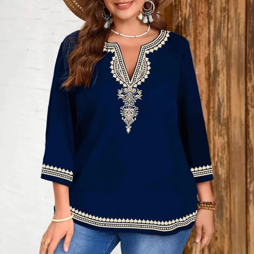 Women's Casual Printed Three Quarter Sleeve Shirt Tops Large Size Women's Tops Loose and Comfortable