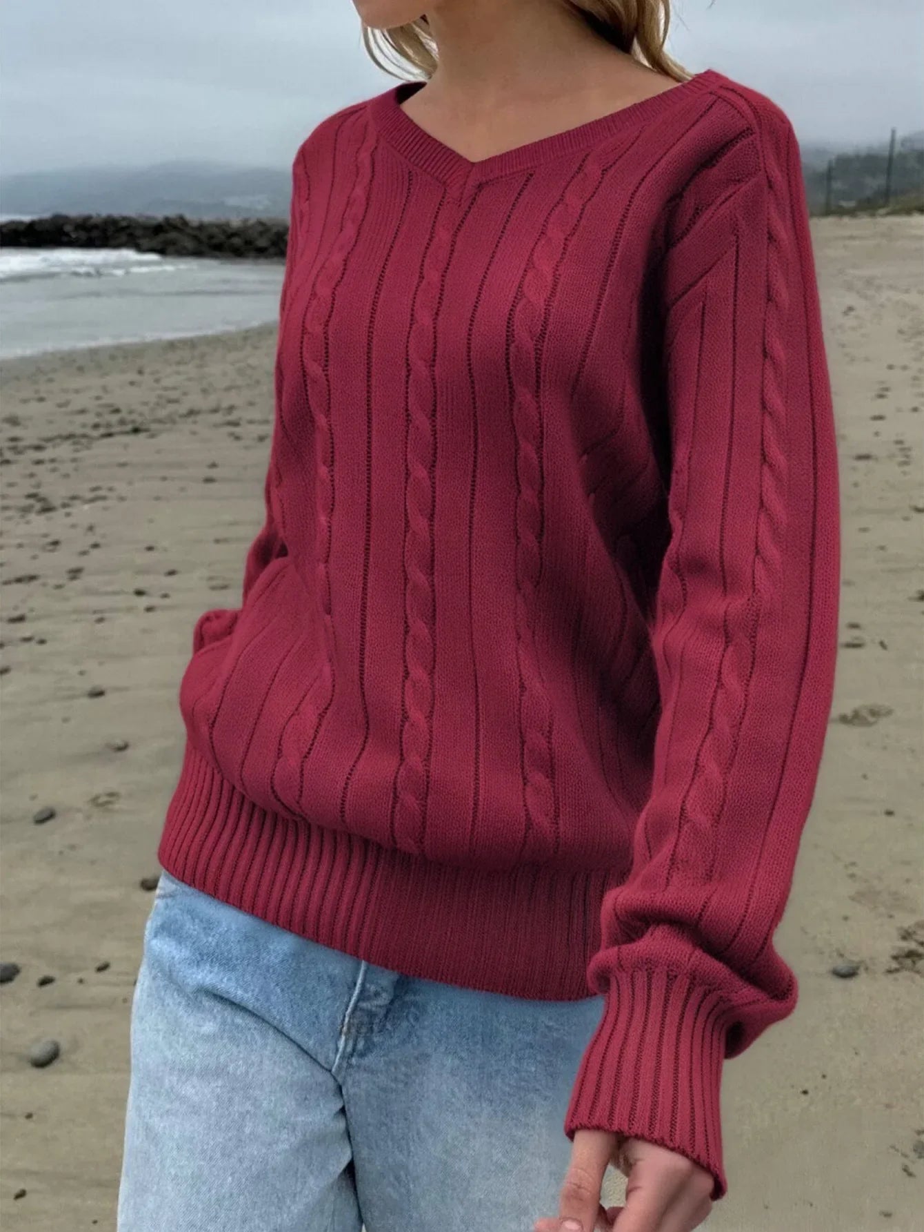 Phantasy Retro Solid Color Sweater Winter Women's V-Neck Casual Simple Loose Knit Sweater Trendy Spring Autumn Winter Sweater