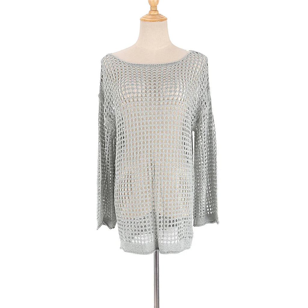 Long Sleeve Hollow Out Top Crochet Knitted Tunic Beach Cover Up Cover-ups Beach Dress Beach Wear Beachwear Female Women V4250