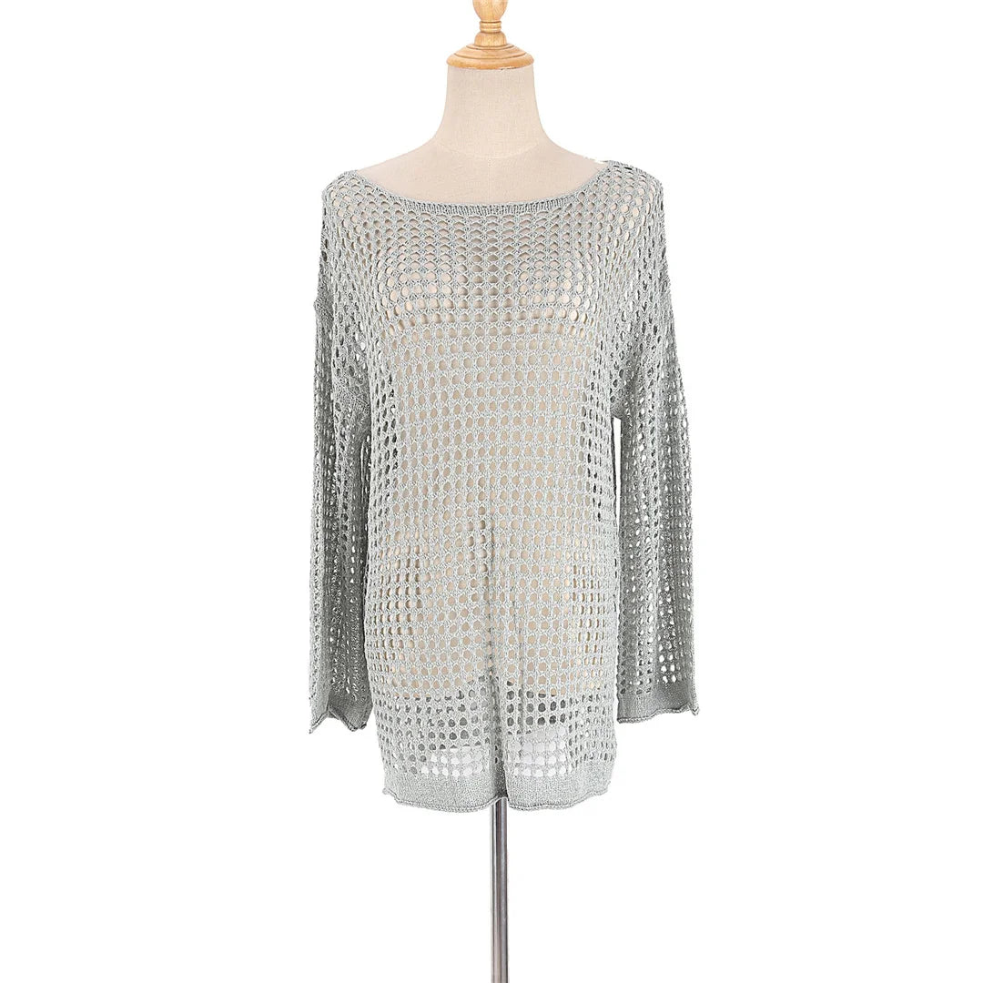Long Sleeve Hollow Out Top Crochet Knitted Tunic Beach Cover Up Cover-ups Beach Dress Beach Wear Beachwear Female Women V4250
