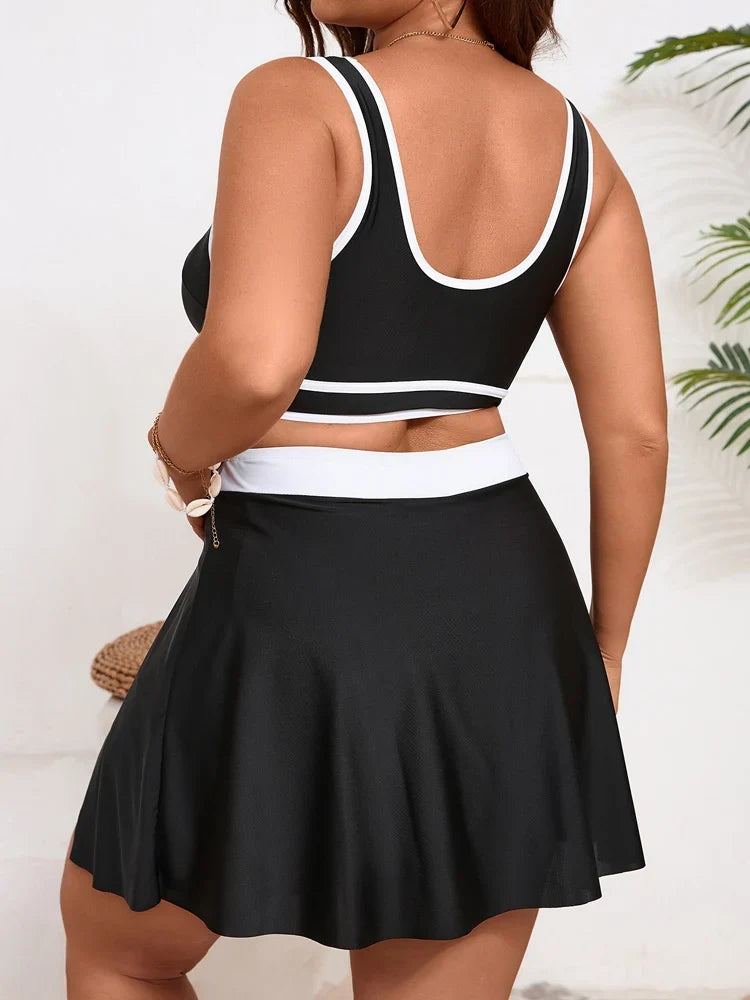 VigoJany 2026 Sexy Black 2 Piece Plus Size Tankini Set Women Strapped High Waist Curvy Swimsuit Lady Skirt Big Bathing Suit