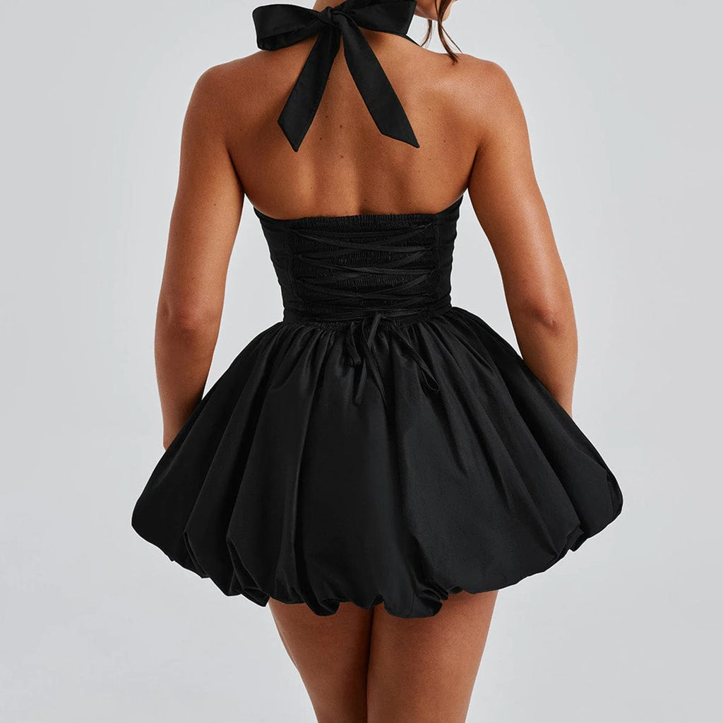 Women Bubble Halter Mini Dress Elegant Summer Sleeveless Tie up Backless Corset Evening Party Club Short Dress Y2K Streetwear
