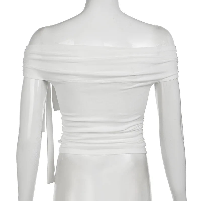 Korean Style Solid Color Women's Top Casual Slash neck Crop Top Fahionable Slim Fit White Tee Lady Summer Night Out Dress up