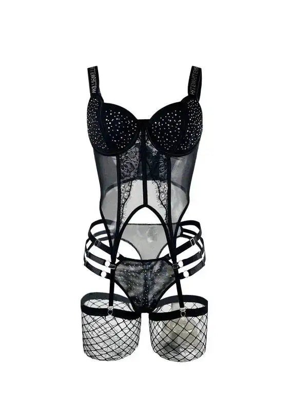 Sexy Shinestone Underwire Padded Bodysuits With Garter Belt Fishnet Transparent Backless Deep V Sleeveless Bodysuits Charm 0ZYL