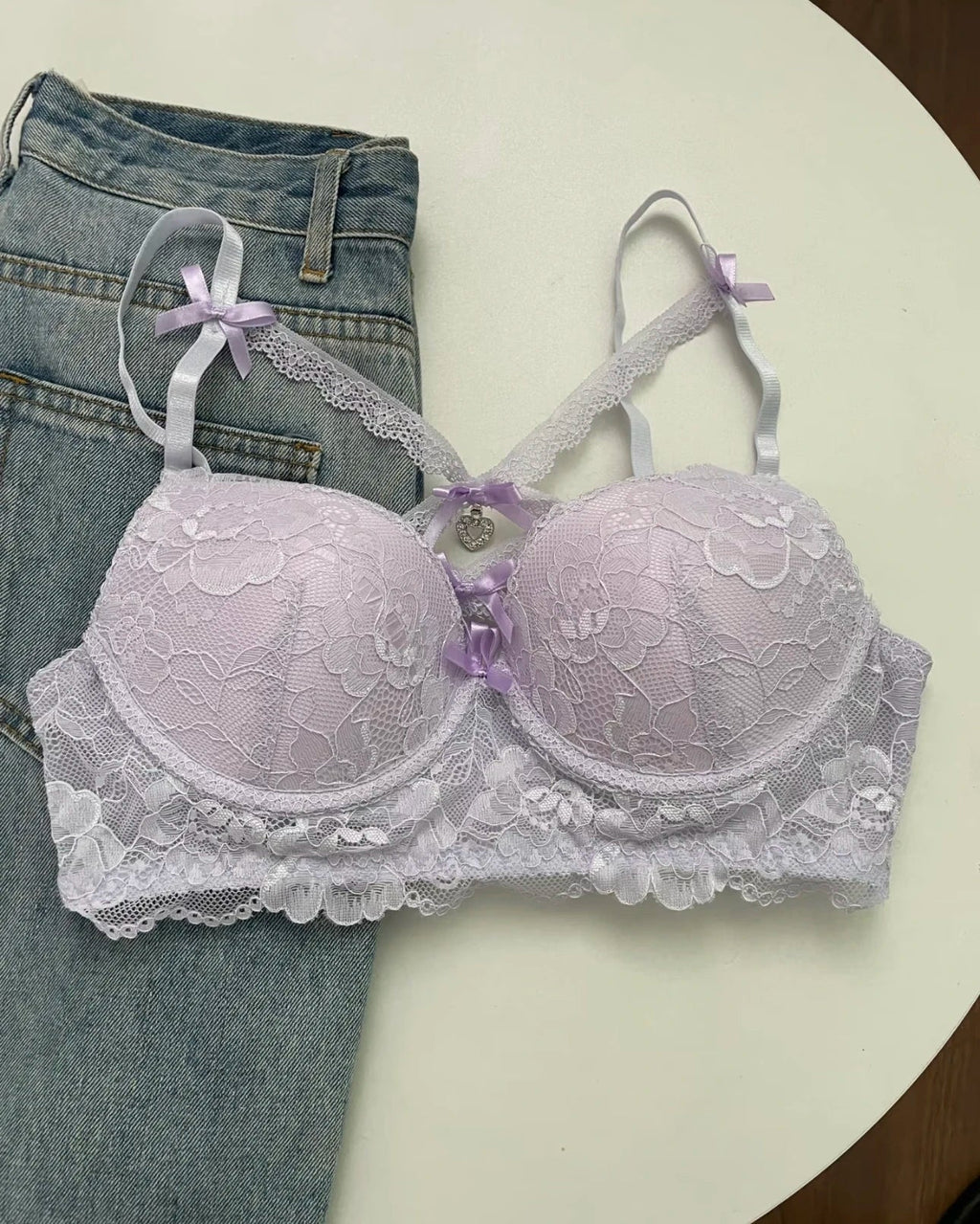 Japanese Lace Bra Set, Heart Pendant Purple Lingerie Sexy & Pure Small Chest Push Up Bralette, Fashion Outerwear Design Enhancer