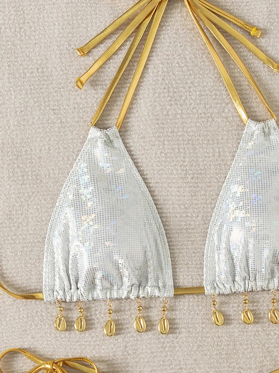 Shiny Snake Skin Bikinis 2026 Shell Pendant Bikini Female Swimsuit Women Swimwear Two-pieces Bikini Set Micro Bathing Suit Swim