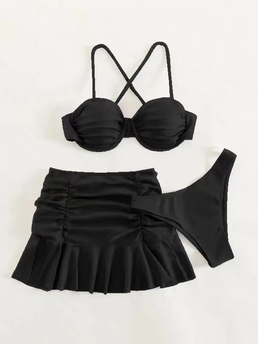 2026 Push Up 3 Pieces Bikini & Beach Slirt Swimsuit Women Strappy Swimwear Female Bathers Bathing Swimming Swim Suit Beachwear