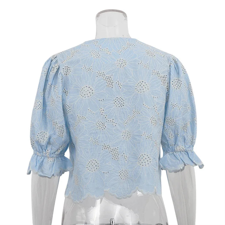FFDYOUI Woman Clothing Embroidered Shirts Blue High Green Ladies O-neck Single Breasted Half Sleeve Cropped Tops Fashion Shirt