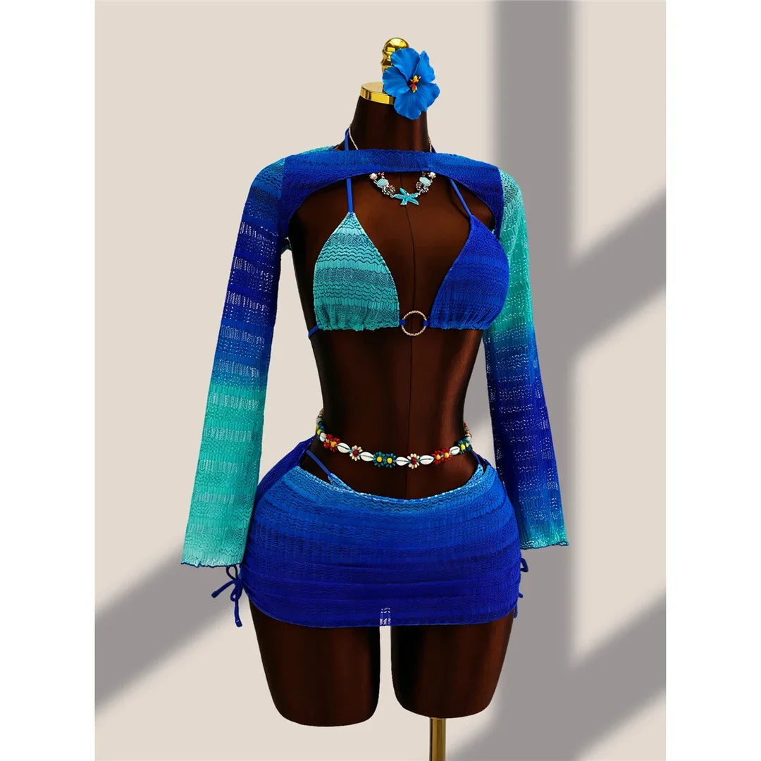 4PCS With Cover Up Skirt Gradient Bikini Women Swimwear Female Swimsuit Four-pieces Bikini set Bather Bathing Suit Swim V8303