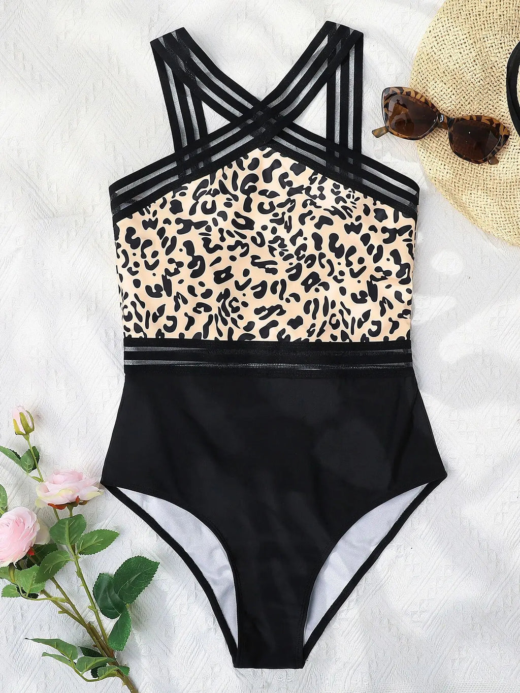 Mesh Tape Swimsuit One Piece Sexy Leopard 2026 Swimwear Women Cross High Neck Bathing Suit Female Swimming Summer Beachwear