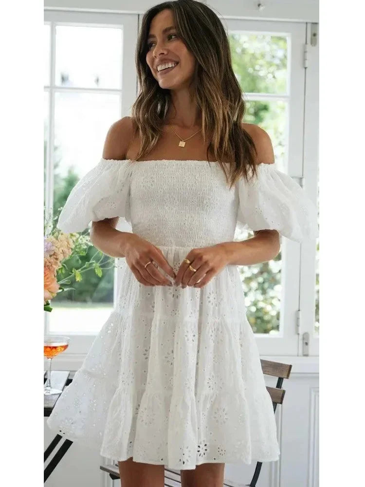 Puff Sleeve Cotton White Lace Dress Women Summer 2025 Square Collar Vintage Beach Short Dress Petite Flower Embriodery  Dress