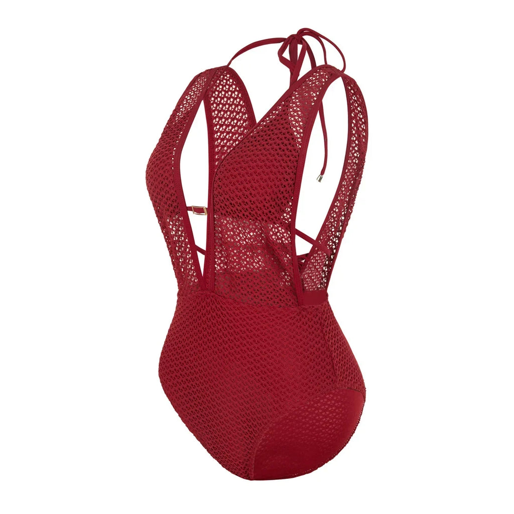 S - XL Deep V Neck Knit Fish Net Mesh Women Swimwear One Piece Swimsuit Female Monokini Backless Bather Bathing Suit Swim V7832
