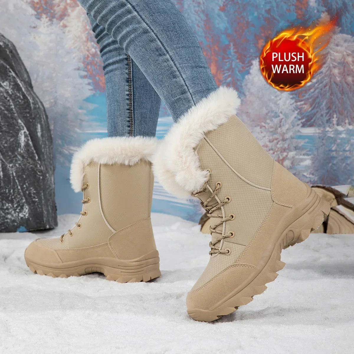 Winter Snow Boots  Women Waterproof Non-Slip Warm Northeast-Style Large Cotton Shoes, Ski , Fleece-Lined,  High-Top Cotton Boots