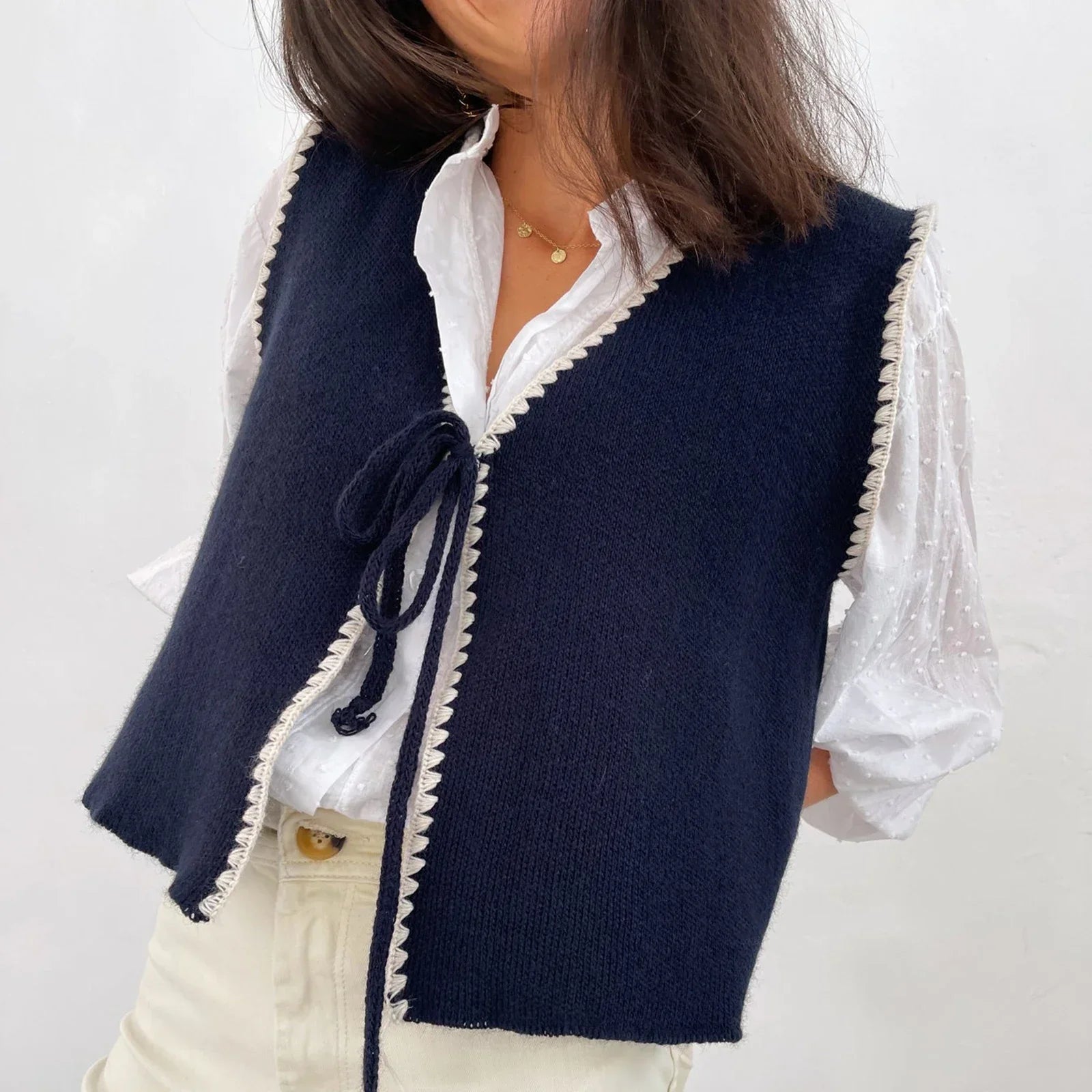 Women's Knit Waistcoat Contrast Color Trim Lacing Closure V-Neck Sleeveless Knit Sweater Vest Cardigan Outerwear
