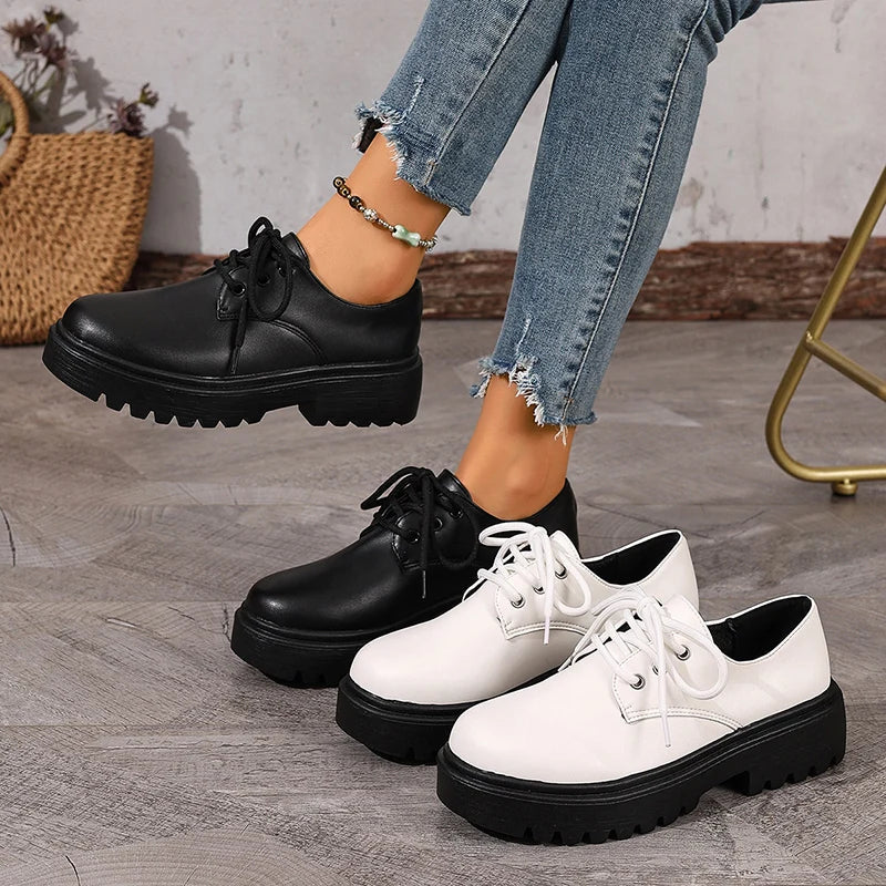 British Style Platform Oxford Shoes for Women Fashion Lace Up Thick Bottom Pu Leather Shoes Wman Plus Size 42 Office Work Shoes