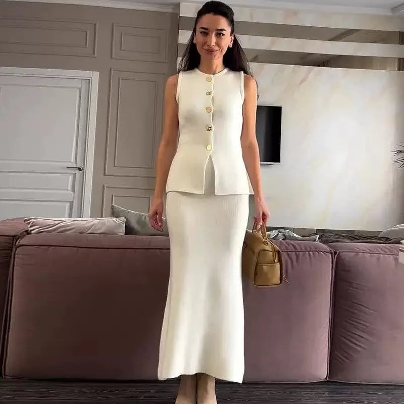 Simple Style Two Piece Set Woman New In Matching Sets Two Piece Outfits Sleeveless Tops Skirts Solid Color Temperament Commuting