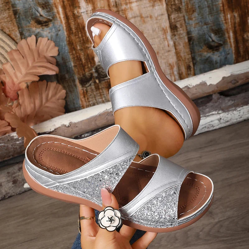 Golden Glitter Platform Sandals for Women Summer Lightweight Wedge Heel Sandles Woman Plus Size 43 Thick Sole Sandalias Mujer