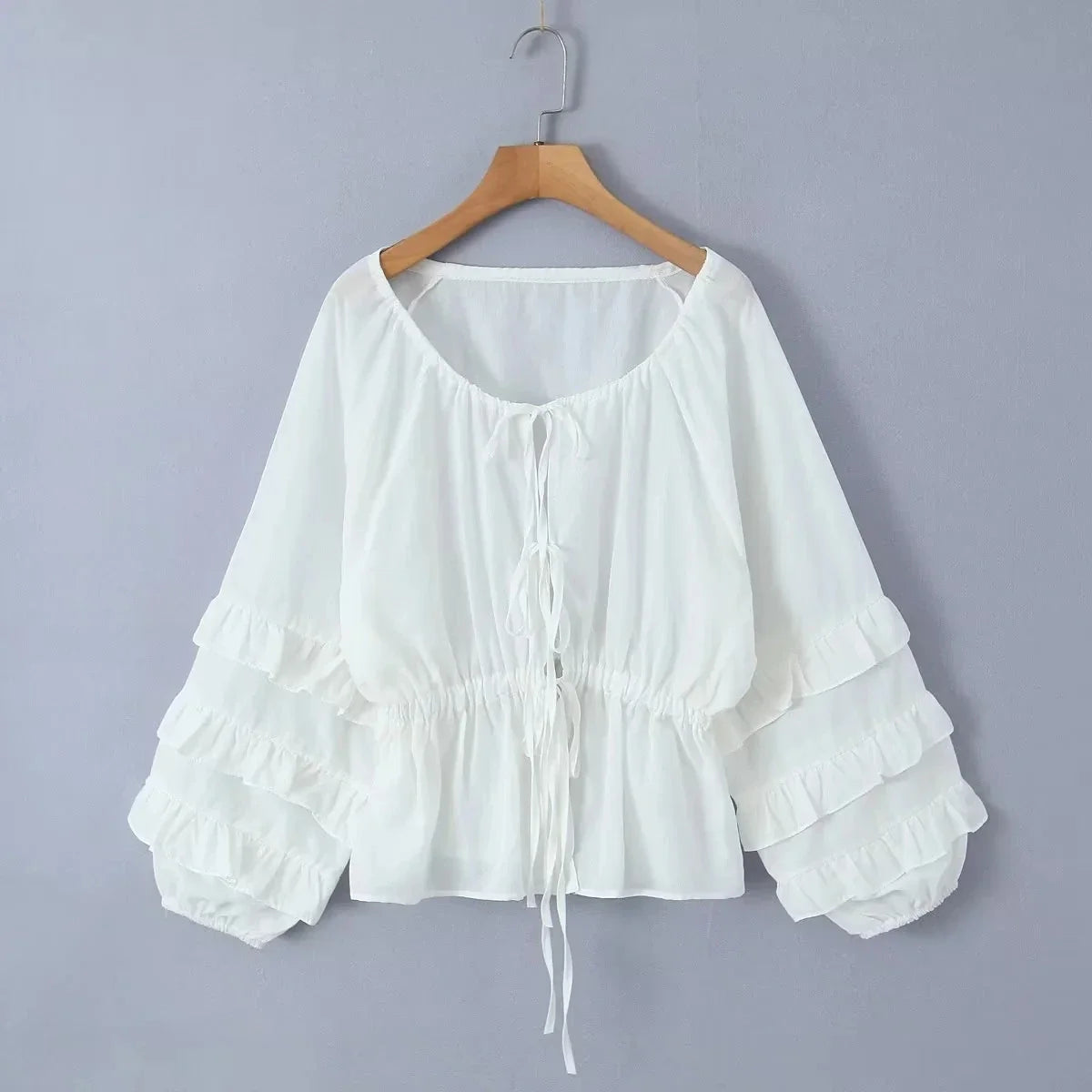 Foridol Tie Up Ruffles Lantern Sleeve White Blouse Women Spring Fashion Pelpum Top 2025 Summer O Neck Beach Casual Chic Blusa