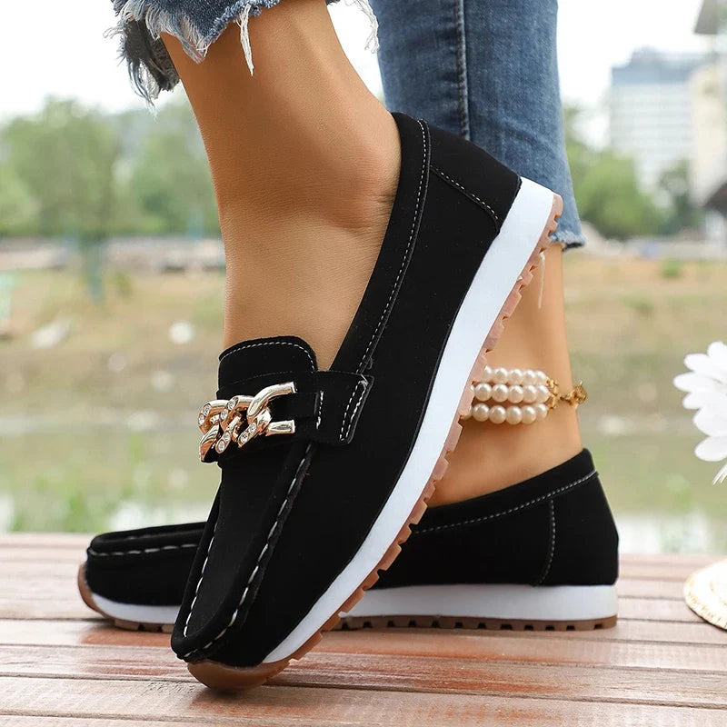 Fashion Metal Chain Soft Sole Flats Shoes Women Spring Autumn Pu Leather Platform Loafers Woman Slip On Non Slip Casual Shoes