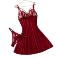 Deep V netted embroidered nightgown and thong set - burgundy lace halter top seductive and alluring women's home wear ZA824066