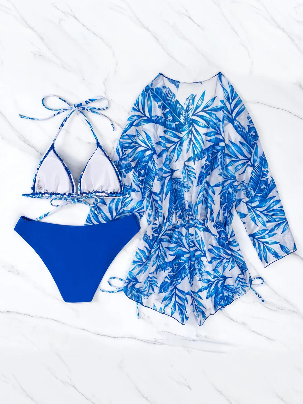 3 Pieces Bikini Tropical Print Swimsuit Halter Drawstring Side Swimwear Women 2026 Bathing Suit Female Swimming Summer Beachwear