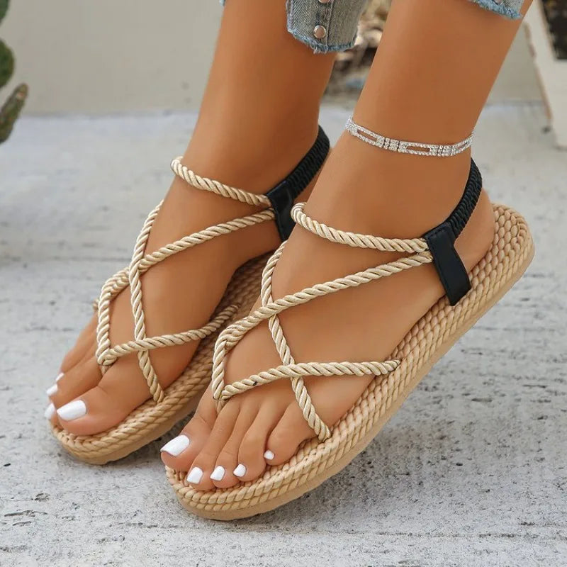 Women Shoes 2026 Summer Weave Non Slip Cross Tied Women Roman Sandals Womens Closed Toe Peep Toe Lightweight Beach Sandals