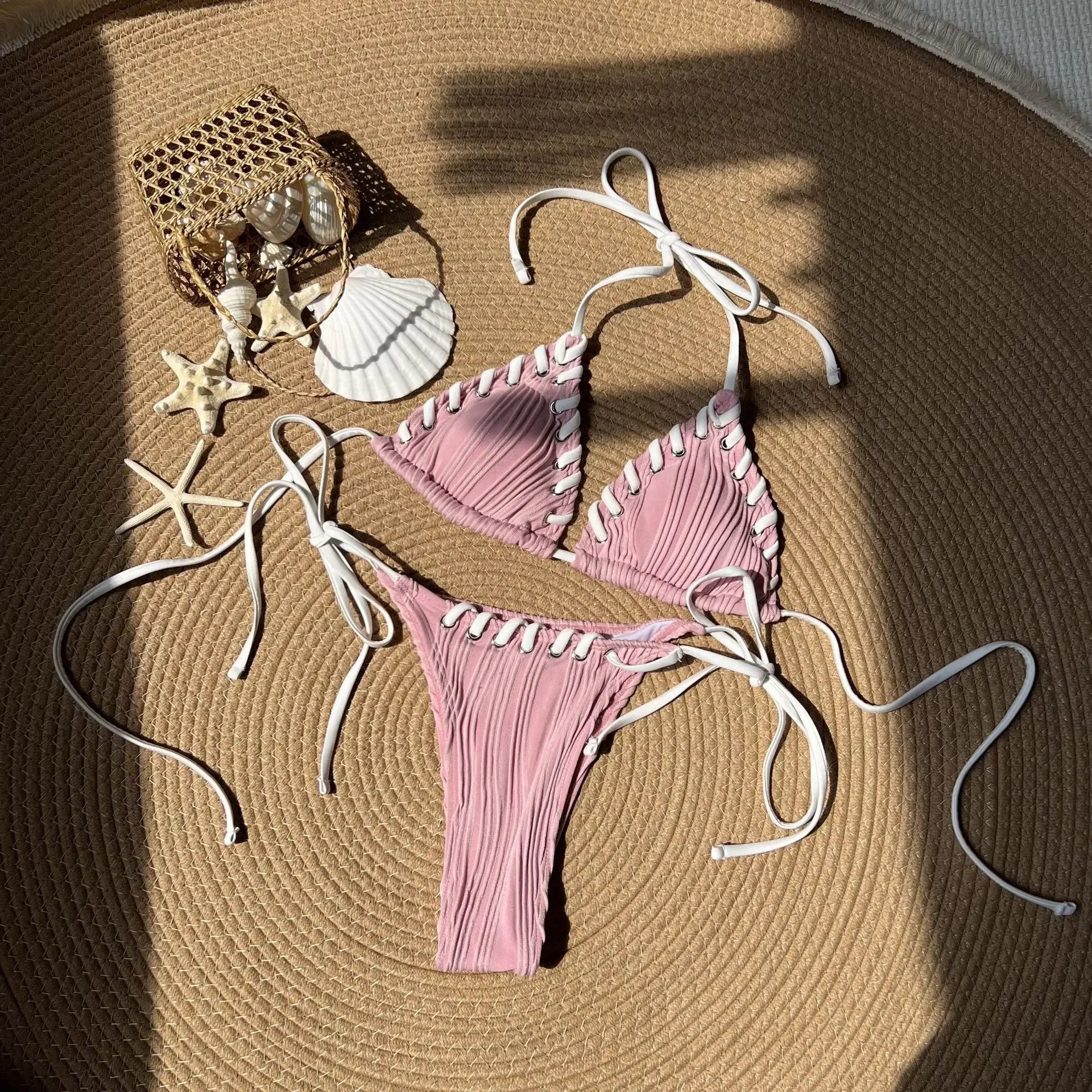 2025 Halter Wrinkled Weave Bikini Women Swimwear Female Swimsuit Two Pieces Bikini Set Brazilian Bathing Suit Swim Beach Wear