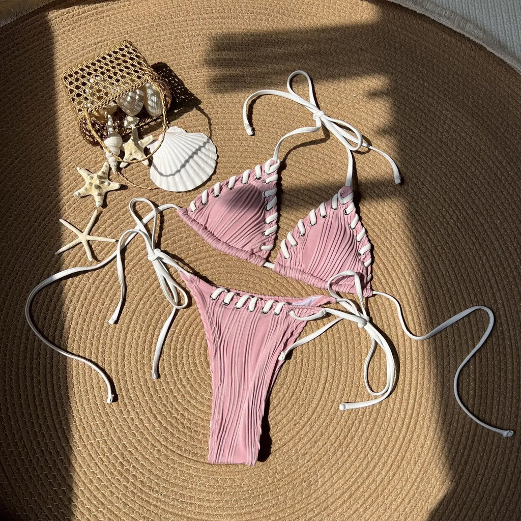 2025 Halter Wrinkled Weaved Bikini Women Swimwear Female Swimsuit Two Pieces Bikini Set Brazilian Bathing Suit Swim Beach Wear