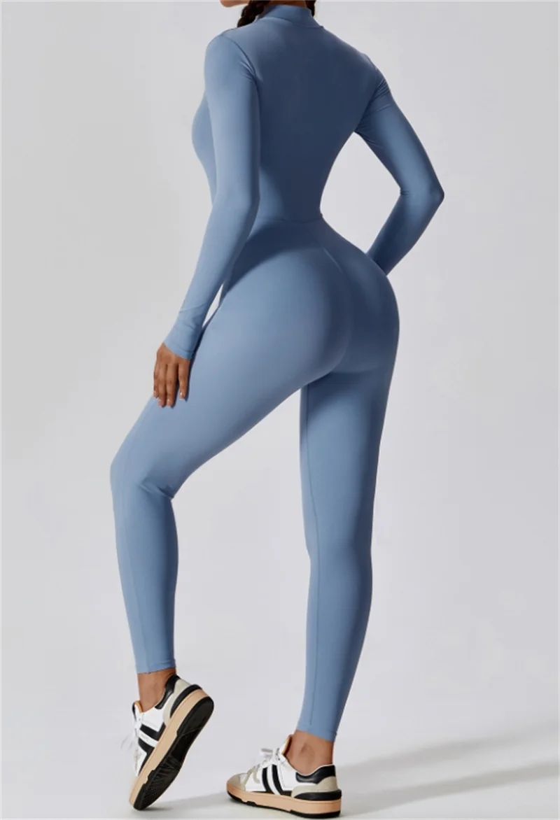 Half zip integrated long yoga jumpsuit solid color sexy long sleeved integrated sportswear for women