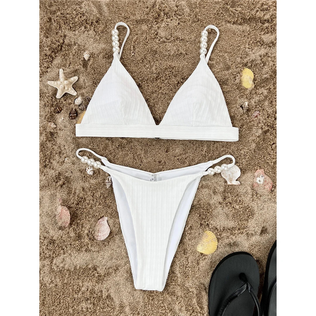 Sexy Pearls High Leg Cut Padded Bikini Female Swimsuit Women Swimwear Two-Pieces Bikini Set Bather Bathing Suit Swim Lady V4366