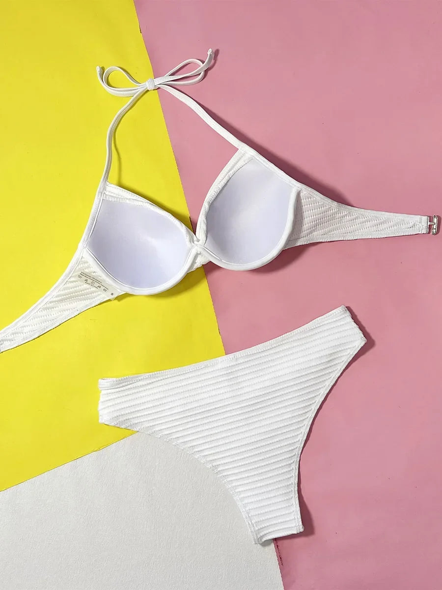 Underwired Bra Cup Halter High Waist Bikini Women Swimsuit Female Swimwear Two Pieces Bikini Set Push Up Bathing Suit Swim Lady