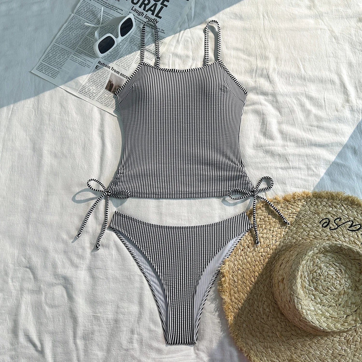 2025 New Split Swimsuit Women's Drawstring Backless Fashion Sexy Stripes Gather Slim and Thin Swimsuit Купальник Женский