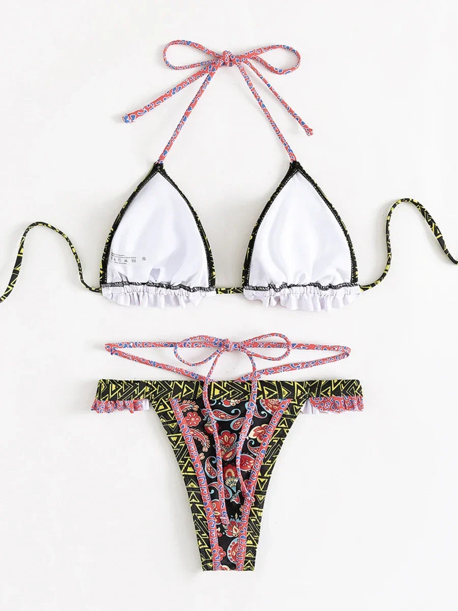 Floral Printed Halter Ruffled Frilled Bikini Women Swimwear Female Swimsuit Two-pieces Bikini set Thong Bathing Suit Swim Lady