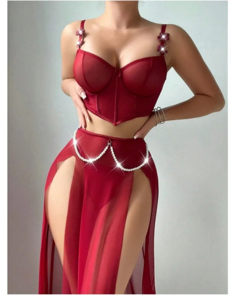 Women Sexy Lingerie Dress for Bow Knot Patchwork Mesh See-through Bra and Skirt Panties Set Underwear Erotic Lingerie