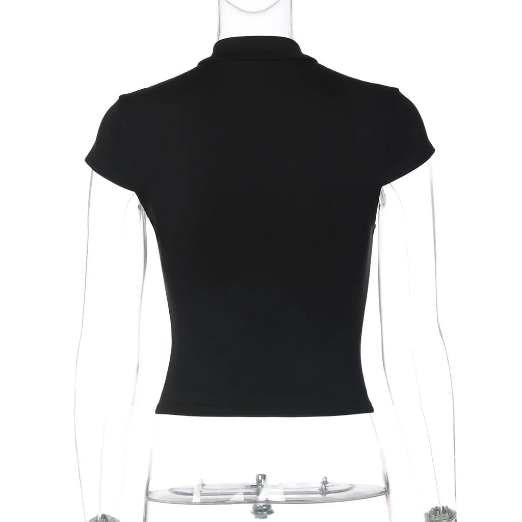 FDYOUI Y2K Streetwear Covered Buttons Black T-shirts for Women Sexy Fashion Short Sleeve Corset Ladies Slim Crop Tops Tee Shirt