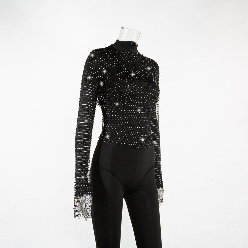 Women Rhinestone Fishnet T-shirt Solid Color Long Sleeve Crop Tops See Through Hollow Out Sexy Shirts Female Smock Tops