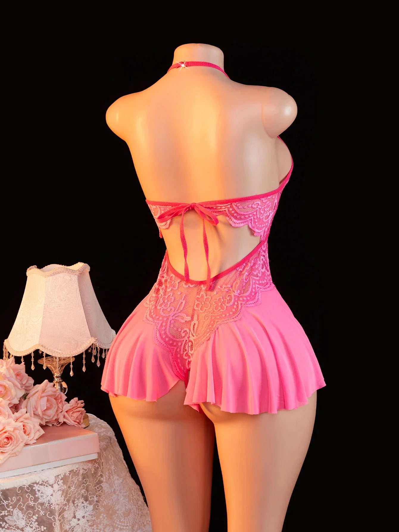 Adult Erotic Bodysuit Lace Hanging Collar Deep V-neck Semi Transparent Women Sexy Lingerie Crotchless Hot Underwear