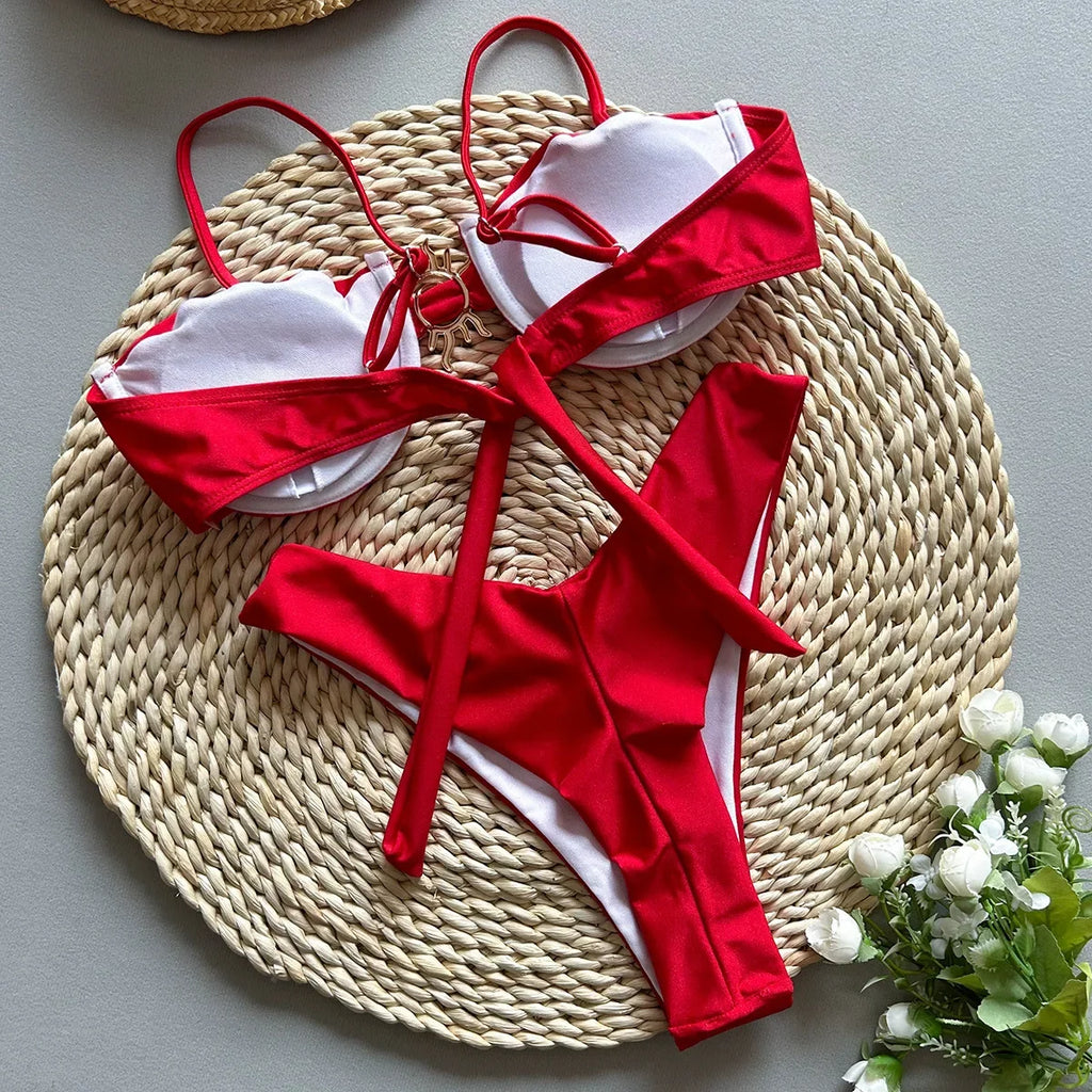 Sexy Metal Sun Ornament Bikini Set Women Solid Black Red Push Up Underwire Micro Swimsuit 2026 Brazilian Bathing Suit Swimwear