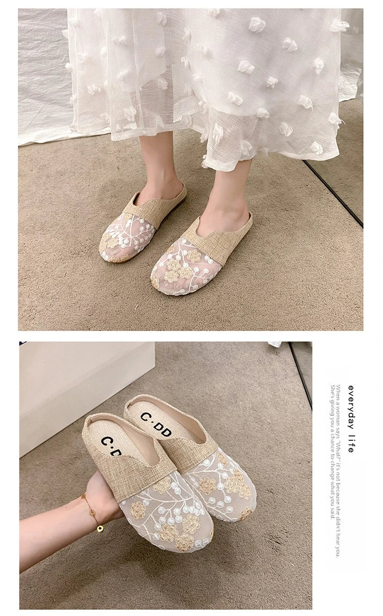 Breathable Mesh Linen Slippers For Women Summer Flat Shoes Anti-slip Female Indoor Outdoor Slides Office Lady Walking Sandals