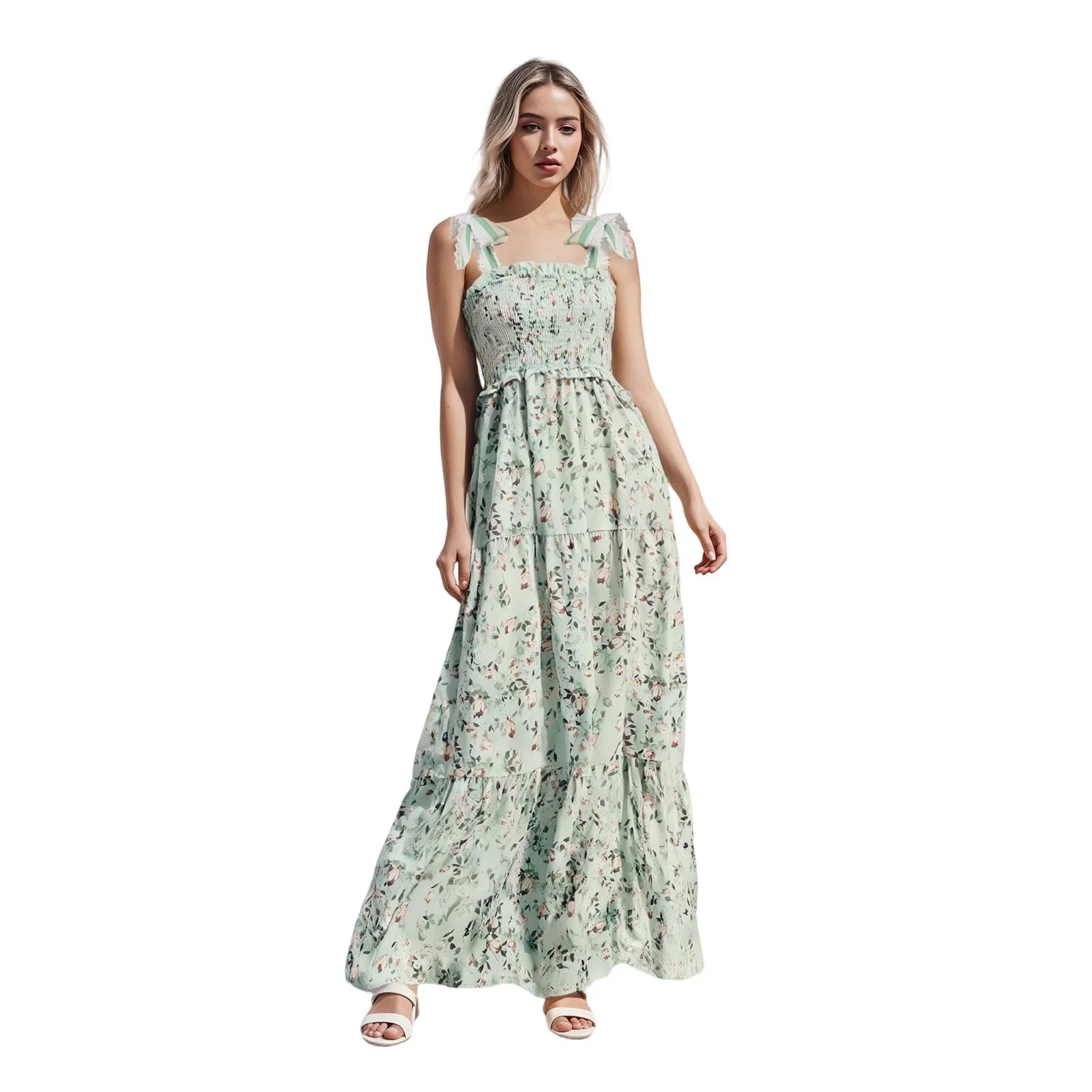 Women Summer Sleeveless Beach Club Long Dresses Casual Tie up Strap Floral Print Ruffled A-Line Party Dress