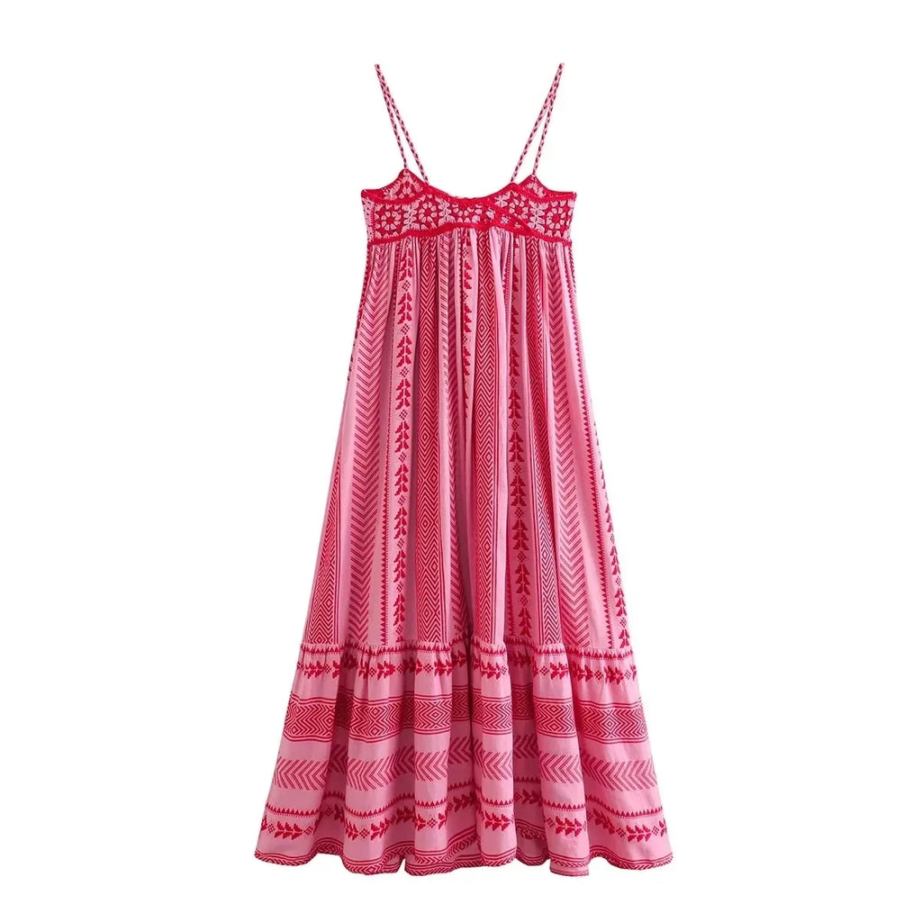 Foridol Crochet Bohemian Summer Dress for Women Spaghetti Strap Red Vintage Tassel Beach Dress Maxi Long Casual Sundress Autumn
