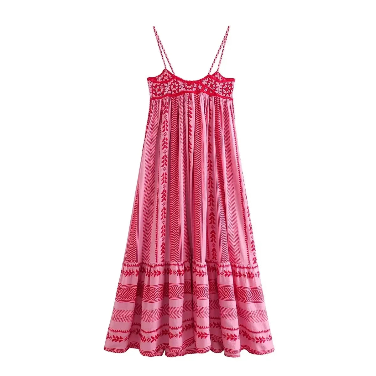 Foridol Crochet Bohemian Summer Dress for Women Spaghetti Strap Red Vintage Tassel Beach Dress Maxi Long Casual Sundress Autumn