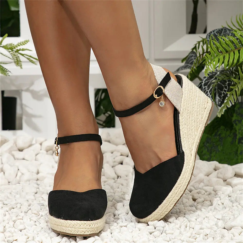2024 Big Size 43 Women's Comfy Walking Wedge Espadrilles Sandals Summer Leisure Round Toe Platform Ankle Strap Shoes