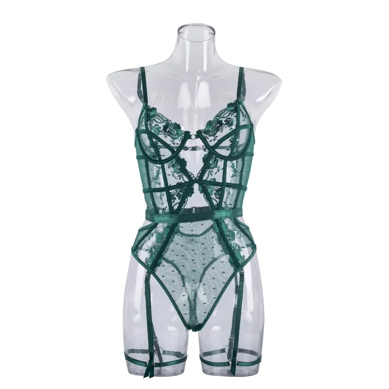 Toucheart Lace Sexy Skinny Babydoll Bodysuit Embroidery Erotic Private Adult Suit Solid Color Patchwork High Waisted Sexy Set